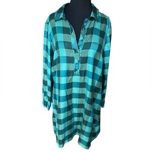 J. Jill plaid teal green button front collared shirt dress size medium petite